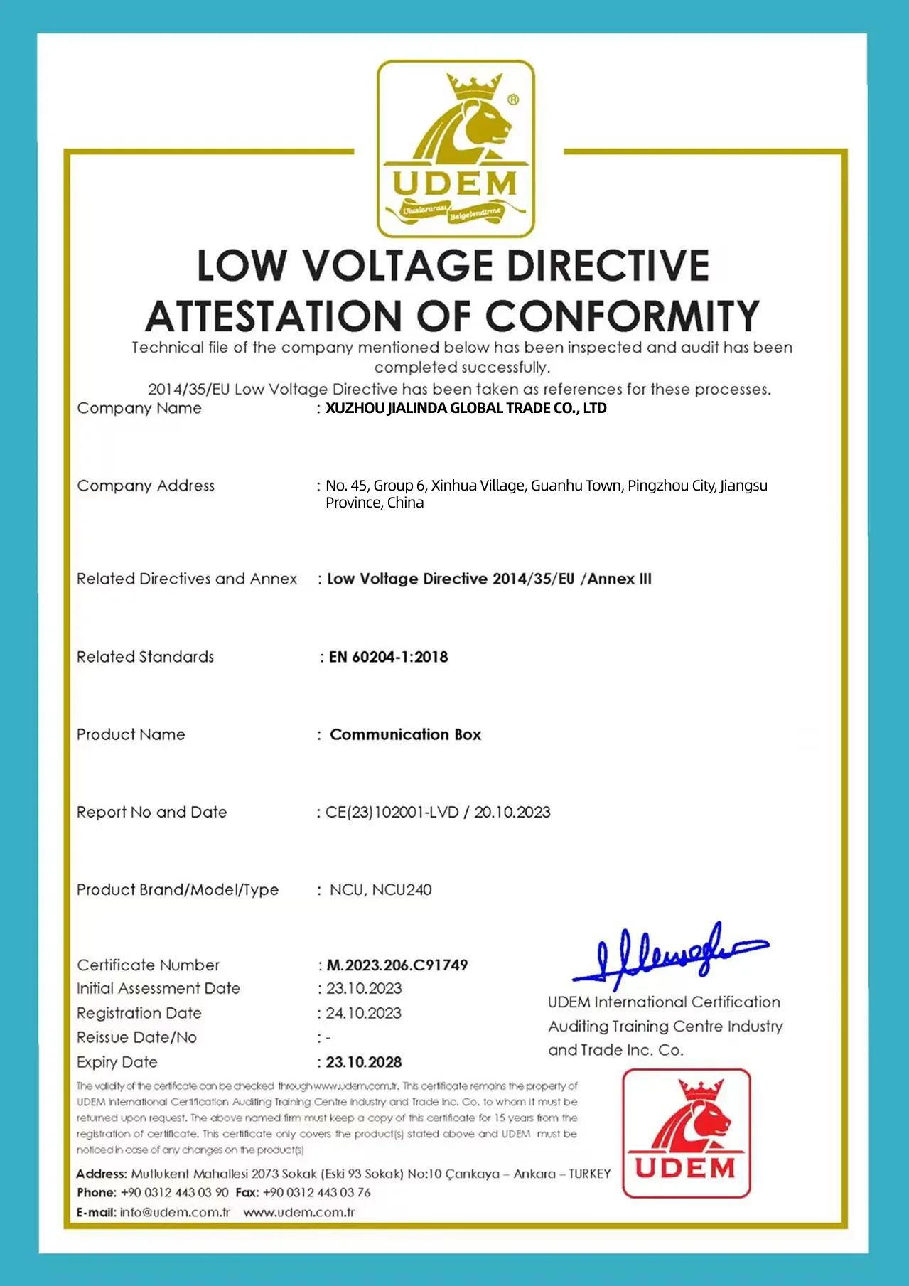 CE factory production control certificate document preview
