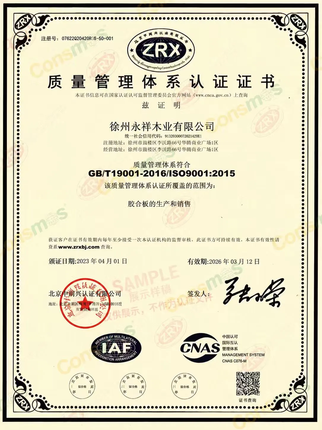 ISO 9001 quality management system certificate document preview
